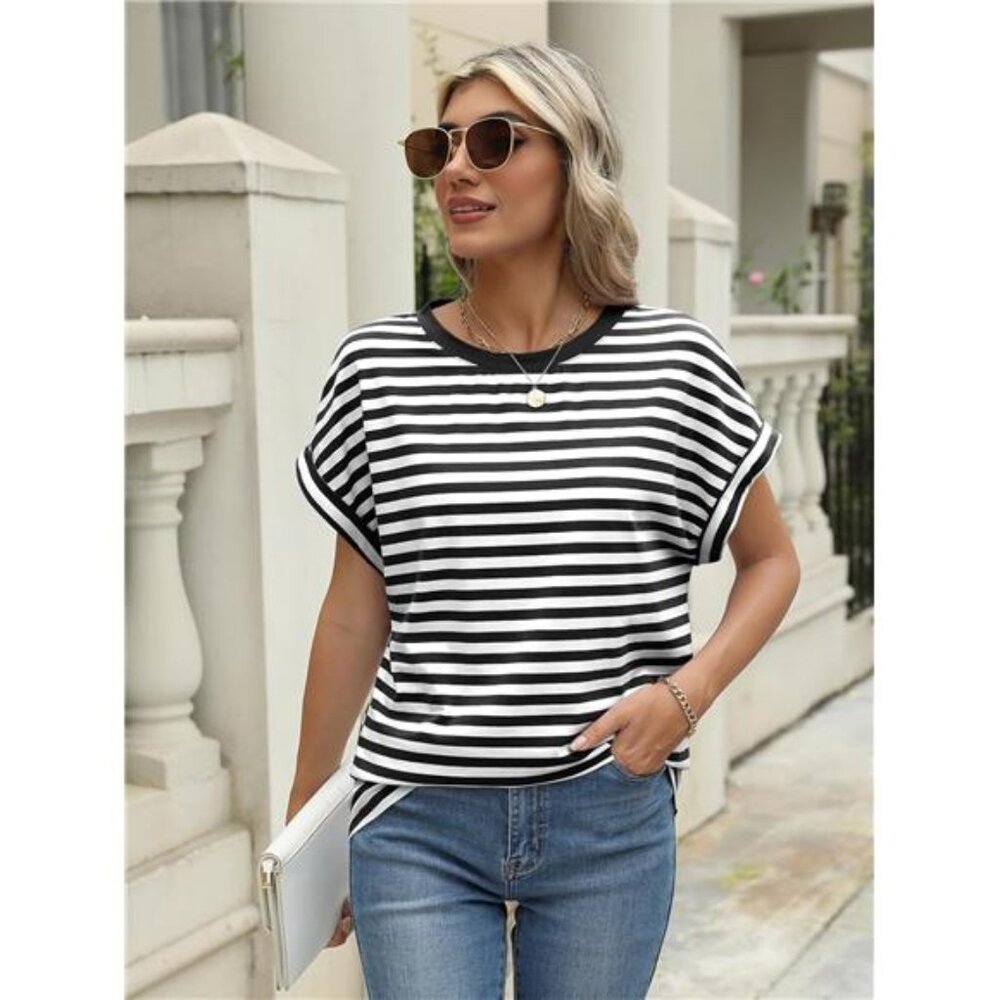 Womens Summer Tops Outfits Spring Casual Dressy T Shirts Workout B&W Striped - Picture 3 of 6